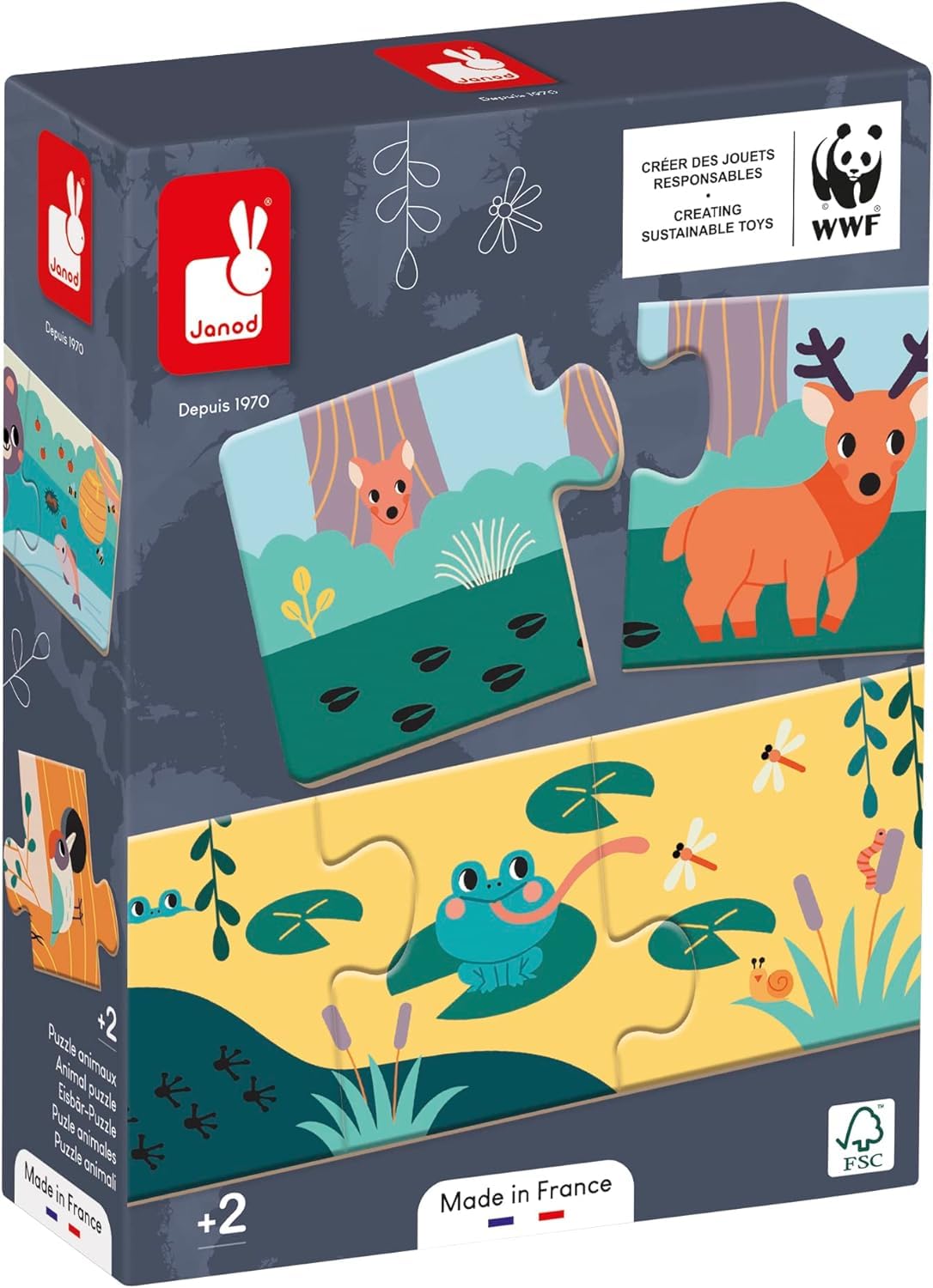 Janod - Animal and Footprints Puzzle - Box of 10x 3-Piece Puzzles - Early-Years Developmental Game - In Partnership with WWF - 24 Months +, J08649