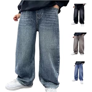 ZVYTBKI Boys Baggy Jeans Kids Straight Wide Leg Elastic Waist Denim Pants with Pocket Boy Oversized Preppy Washed Jeans