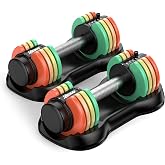 5-IN-1 Adjustable Dumbbell Set, Pair 12.5LB/22.5LB Weight Set for Home Gym | rainbow-colored weight plates, anti-slip handle, suit both men and women, full body home workout