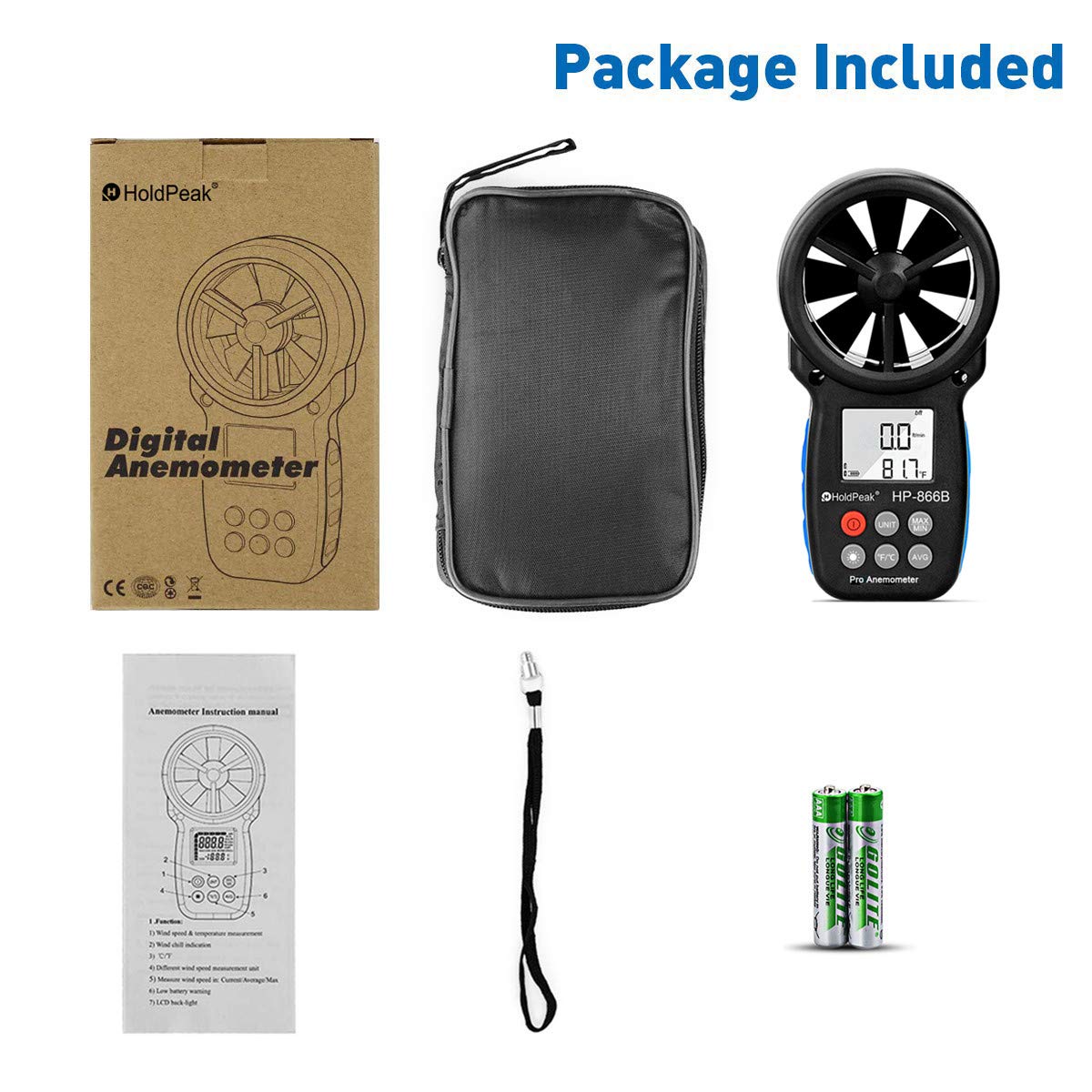HOLDPEAK 866B Digital Anemometer Handheld Wind Speed Meter for Measuring Wind Speed, Temperature