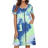 Ekouaer Women Zipper Front House Coat Short Sleeves Robe Zip Up Bathrobes Short Nightgown with Pockets S-3XL