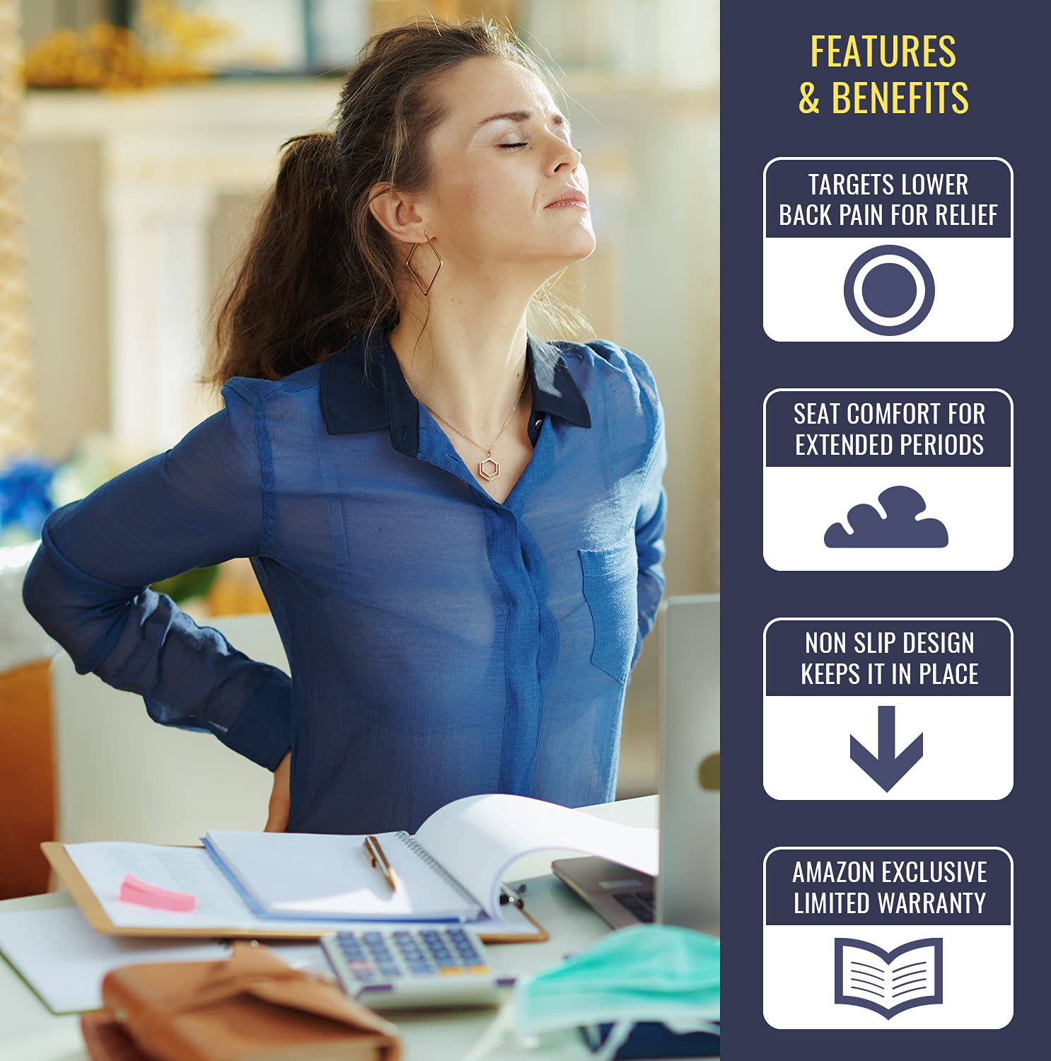 DMI Gradual Slope Seat Cushion for Coccyx, Sciatica and Tailbone Pain Used With Dining Room Chairs, Desk Chairs, Thin Car or Wheelchair Cushions, Machine Washable-Cover, 15 Inch, Navy