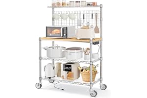 Leteuke Bakers Rack with Power Outlet & Storage, 36 Inch Microwave Stand Kitchen Cart, 4-Tier Metal Kitchen Shelves Cart with Wheels & 20 S-Hooks for Kitchen, NSF Certified, 63 x 18 x 36 Inch-Chrome