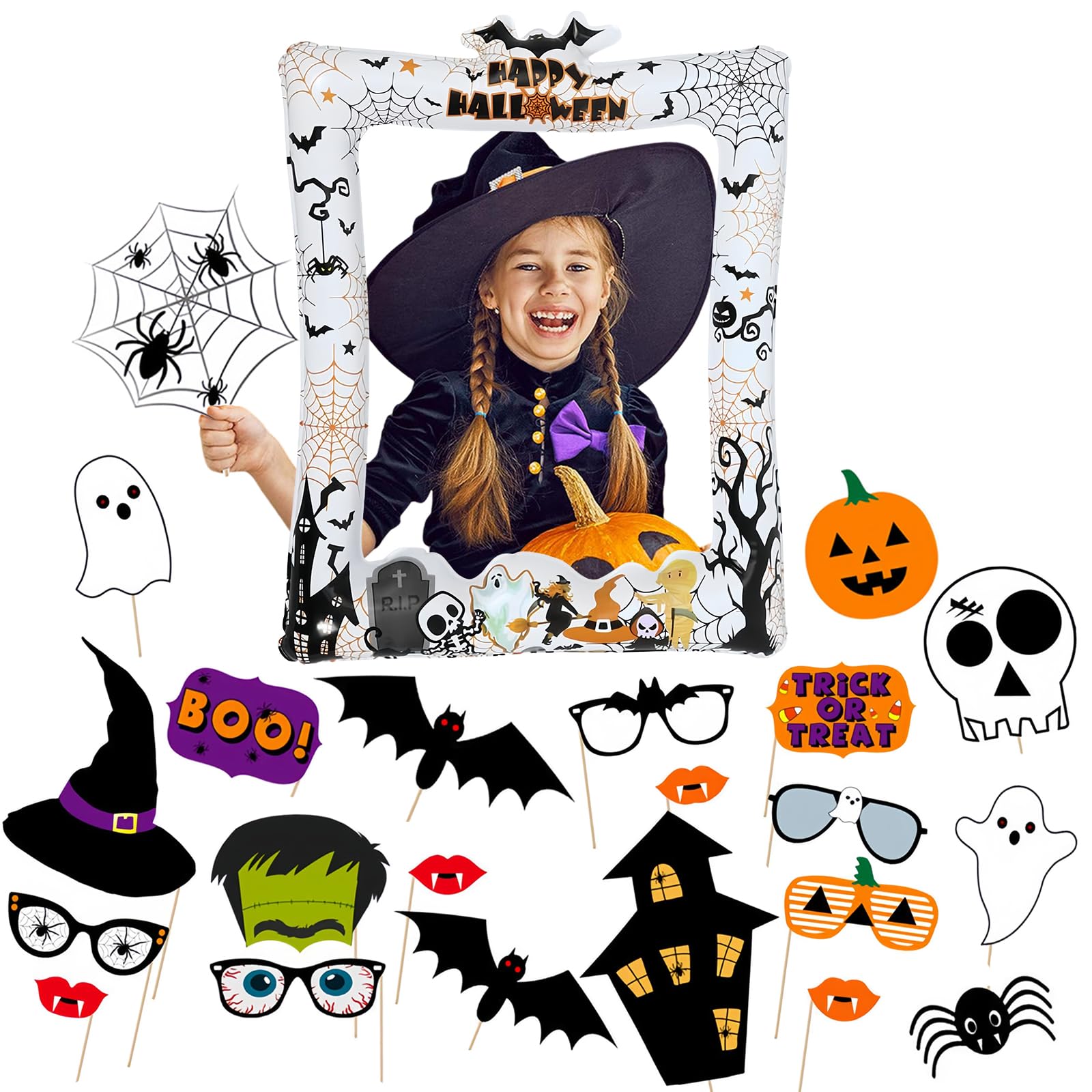 Halloween Inflatable Photo Frame with 22 Accessories, Photobooth Accessory Selfie Party Decoration, Giant Inflatable Selfie Frame Photo Booth for Birthday Halloween Party Children Adults