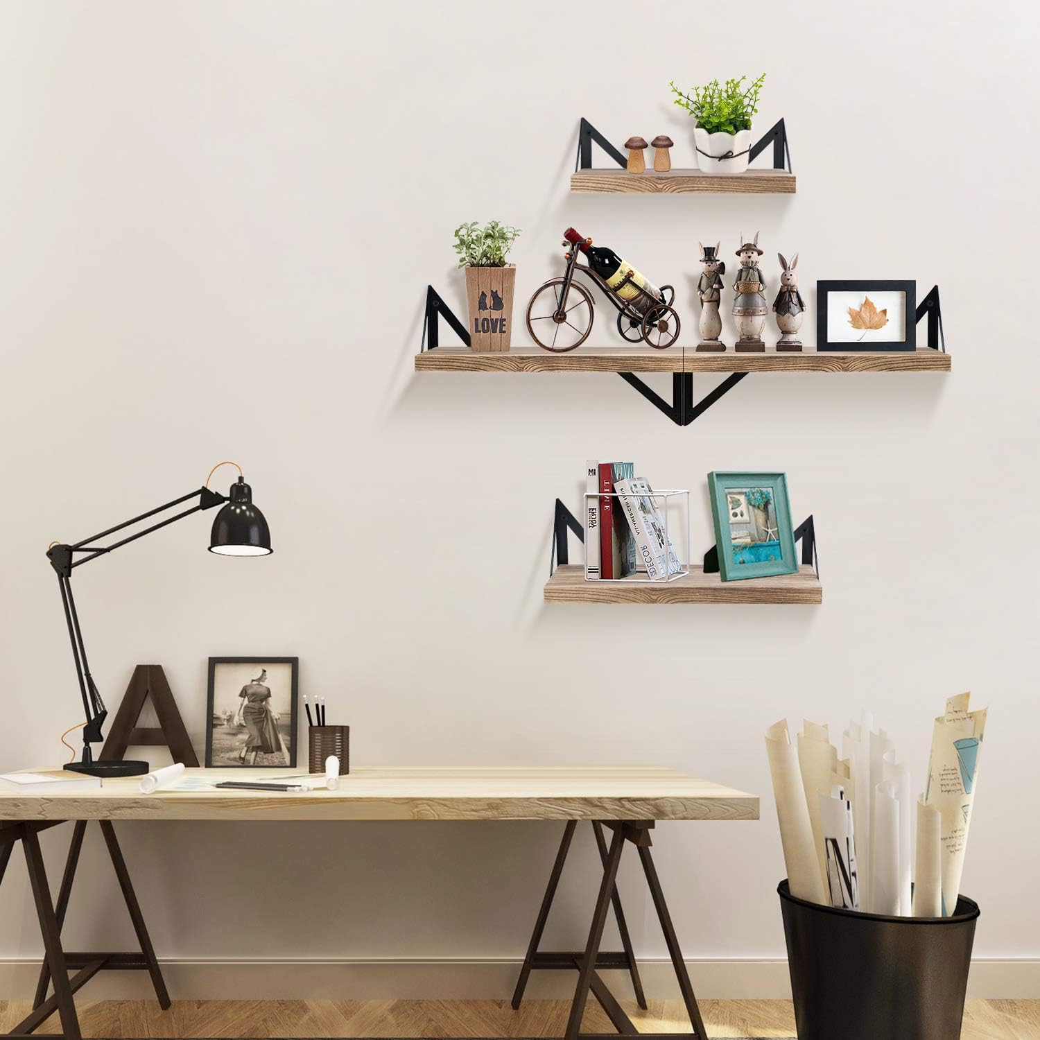 Klvied Floating Shelves Wall Mounted Set of 4, Rustic Wood Wall Shelves, Storage Shelves for Bedroom, Living Room, Bathroom, Kitchen, Office and More, Carbonized Black: Furniture & Decor