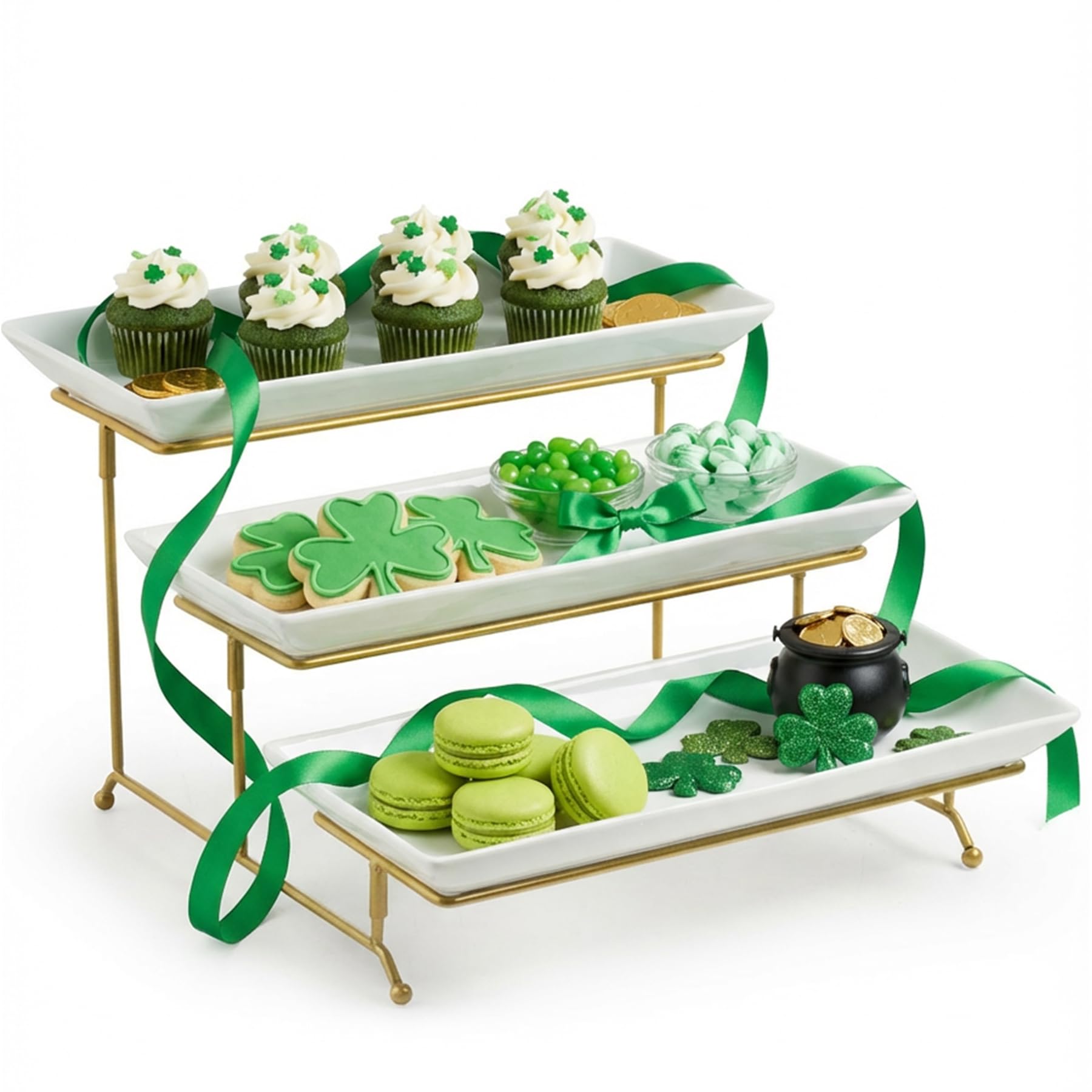 Photo 1 of **ONLY 2 TRAYS/MISSING PARTS/NO RACK**LAUCHUH Large 2 Tier Serving Stand Tiered Serving Trays with Collapsible Sturdier Rack Porcelain Serving Trays and Platters for Fruit Dessert Presentation St. Patrick's Day Party Display Set, 14 Inch