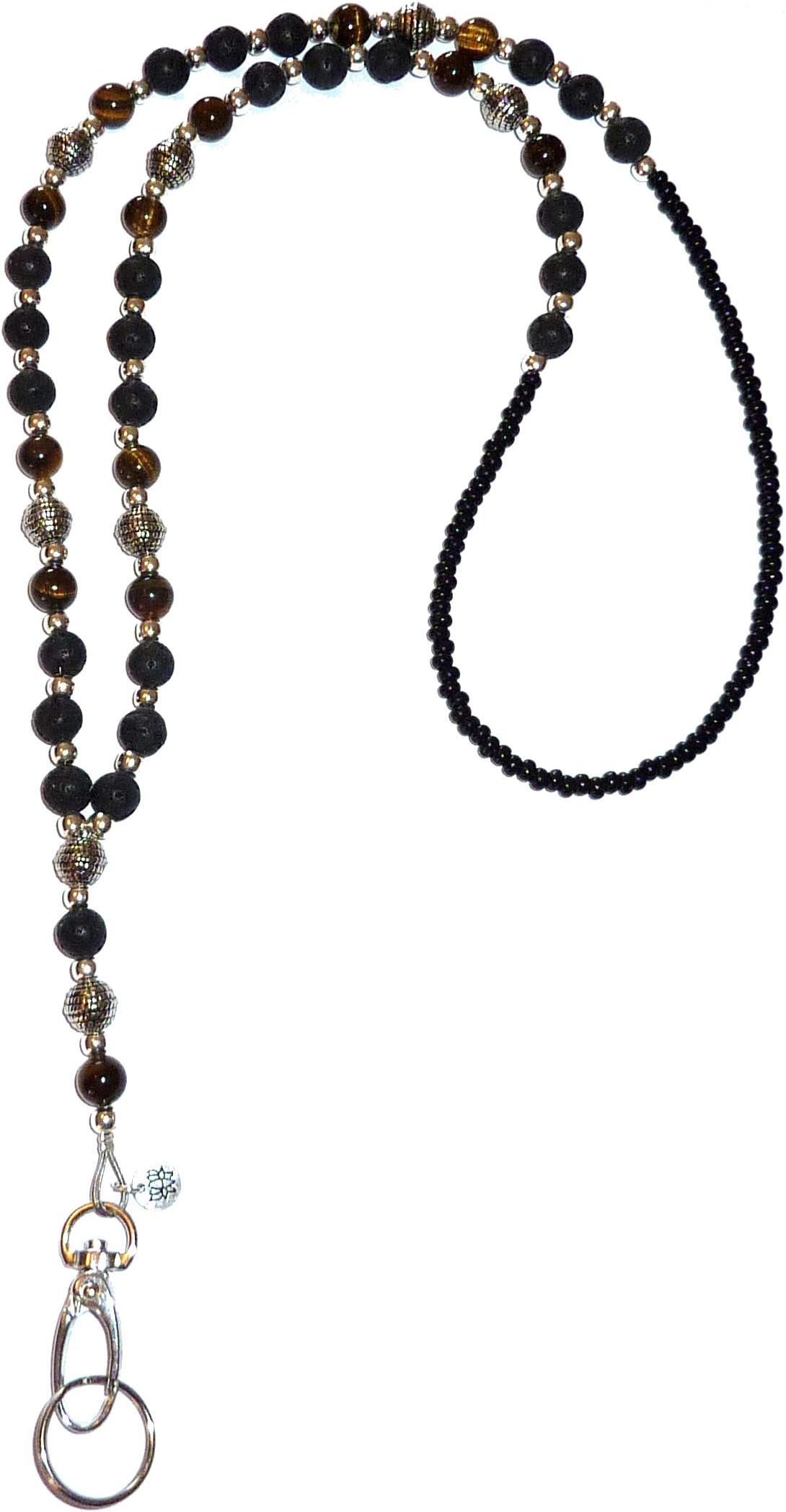 Hidden Hollow Beads Slim Style Women's Fashion Beaded Lanyard, 34" Jewelry Lanyard for ID Badge Holder and Keys (Tigers Eye - Non Breakaway - Stronger)