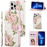 UEEBAI Wallet Case for iPhone 13 Pro Max 6.7 inch, PU Leather Case Kickstand RFID Blocking Flip Case Card Slots Wrist Strap Relief Engraved Pattern Magnetic Closure Flower Folio Case, White Rose