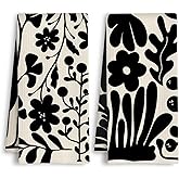 HSIASHENG ArtisaEura Boho Abstract Retro Black Floral Kitchen Towels, Mid Century Modern Boho Flower Botanical Dish Tea Hand Towels for Kitchen Bathroom Decor, 16x24 Inch Set of 2