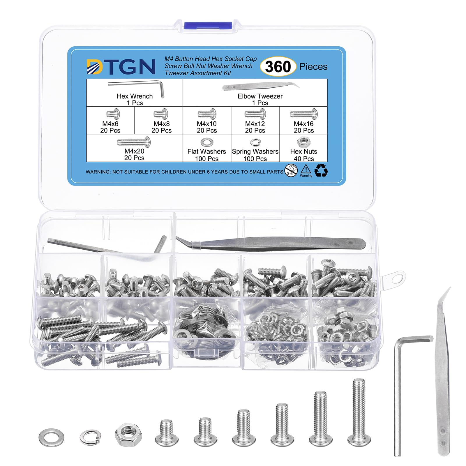 DTGN 360Pcs M4 Button Head Hex Socket Cap Screw - 6-20mm Bolt Nut Washer Wrench Tweezer Assortment Kit 304 Stainless Steel - Good for Machine, Furniture