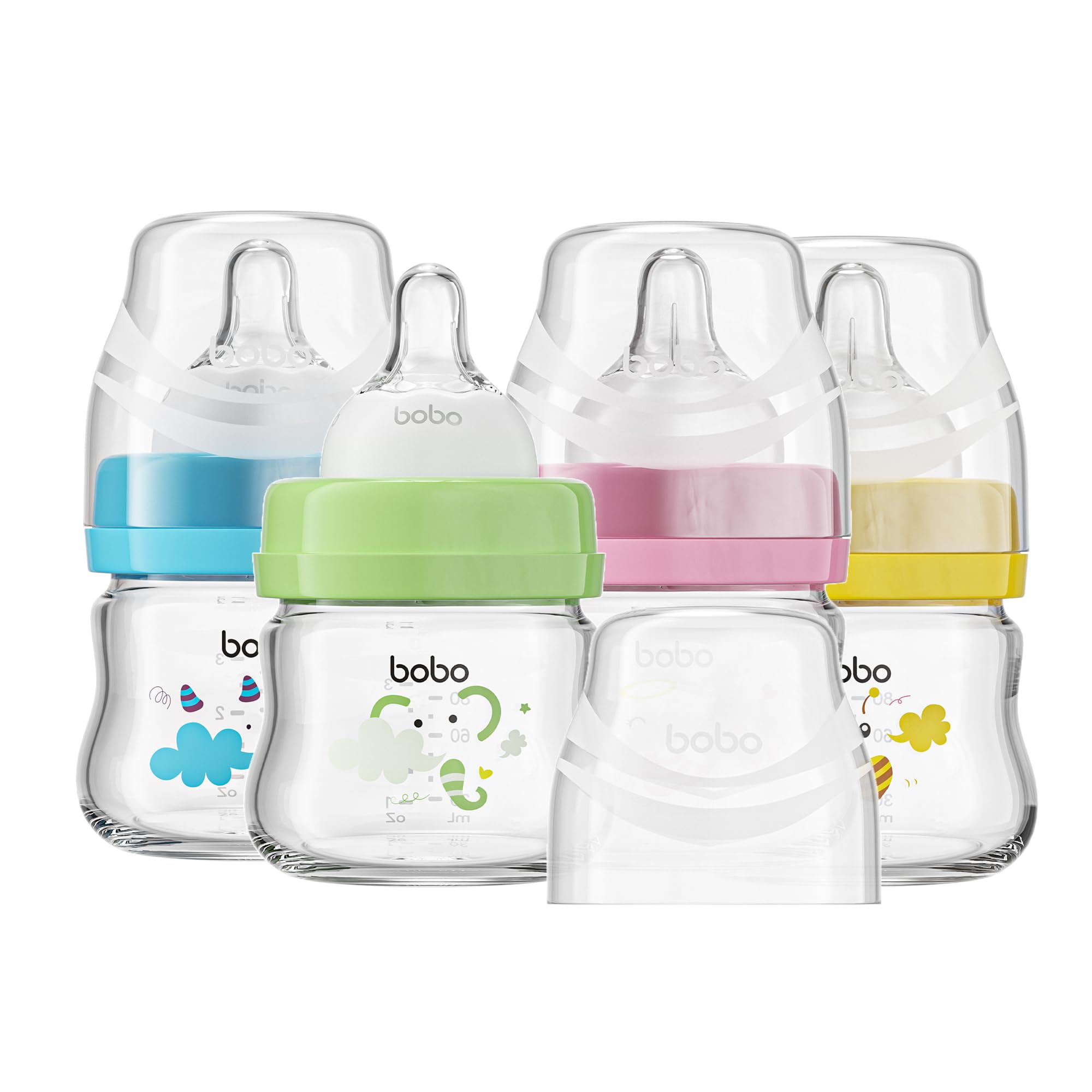 Photo 1 of YOHKOH Glass Baby Bottles with Slow Flow Nipple, Newborn Anti-Colic Baby Bottles for 0+ Months, Wide Neck Feeding Bottle, Clear (Multicolour, 2.7oz (Pack of 4))