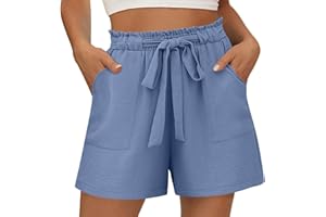 VOGFFR Linen Shorts for Women High Waisted Cotton Shorts Wide Leg Drawstring Pants Elastic Waist Short Pants with Pockets