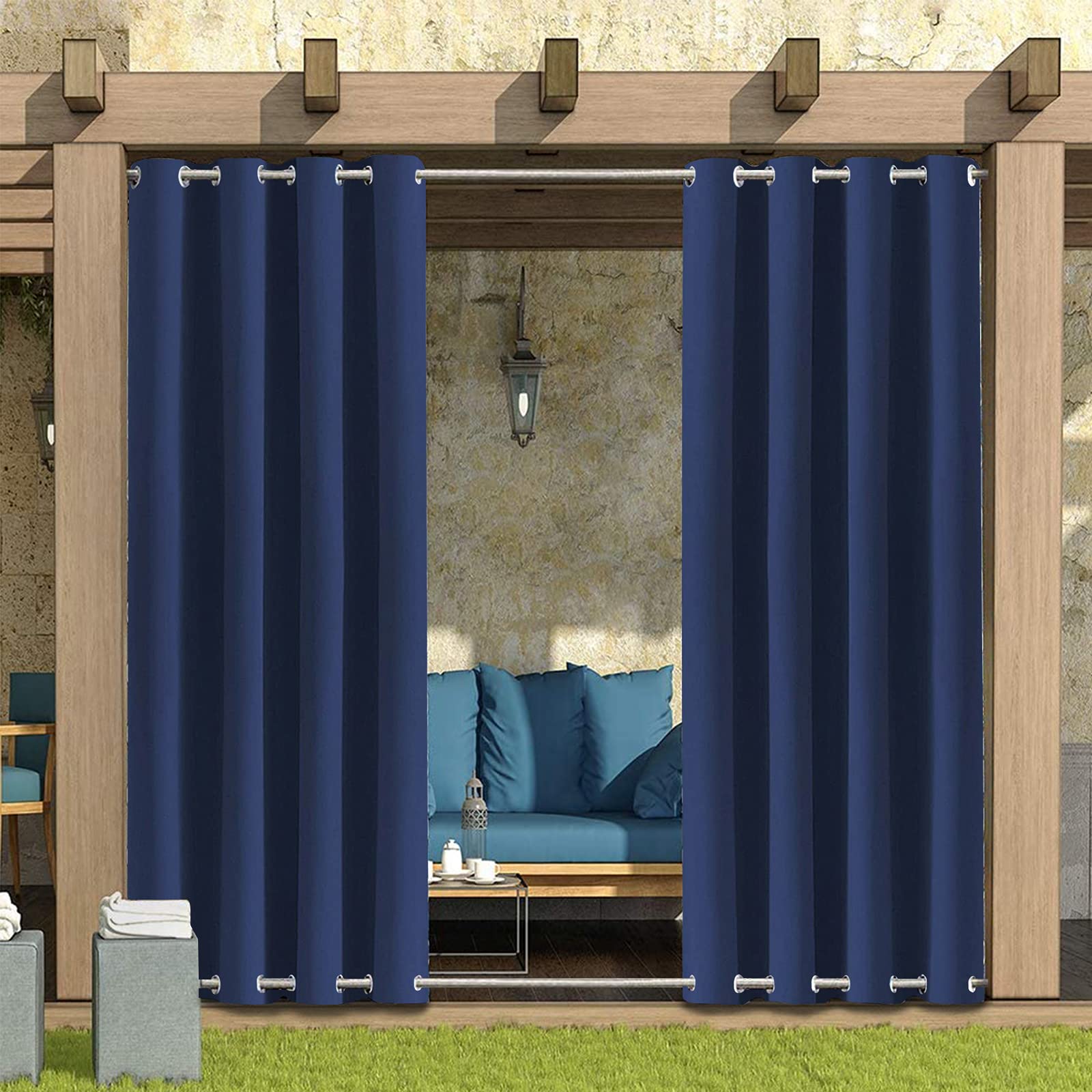 Rosnek Outdoor Curtains Waterproof,Thermal Insulated Pergola Curtain Blackout Gazebo Curtains Waterproof Windproof with Drape Eyelet Top and Bottom,Blue,52W''x 84L'',1 Panel