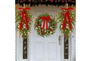 Hungdao 3 Pack Pre-lit Christmas Wreath and Swag with Lights 24" Artificial Christmas Teardrop Swags Cedar Pine Garland with Bow Pine Cones Berry for Xmas Front Door Outdoor Holiday Decor