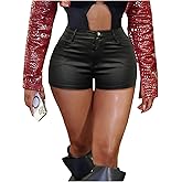 winkbay Women's Faux Leather Shorts Y2k Button High Waisted Mini Party Rave Shorts with Pockets