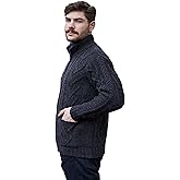 SAOL 100% Merino Wool Men's Zipper Cable Knit Winter Warm Cardigan Sweater with Pockets in Charcoal/Army Green