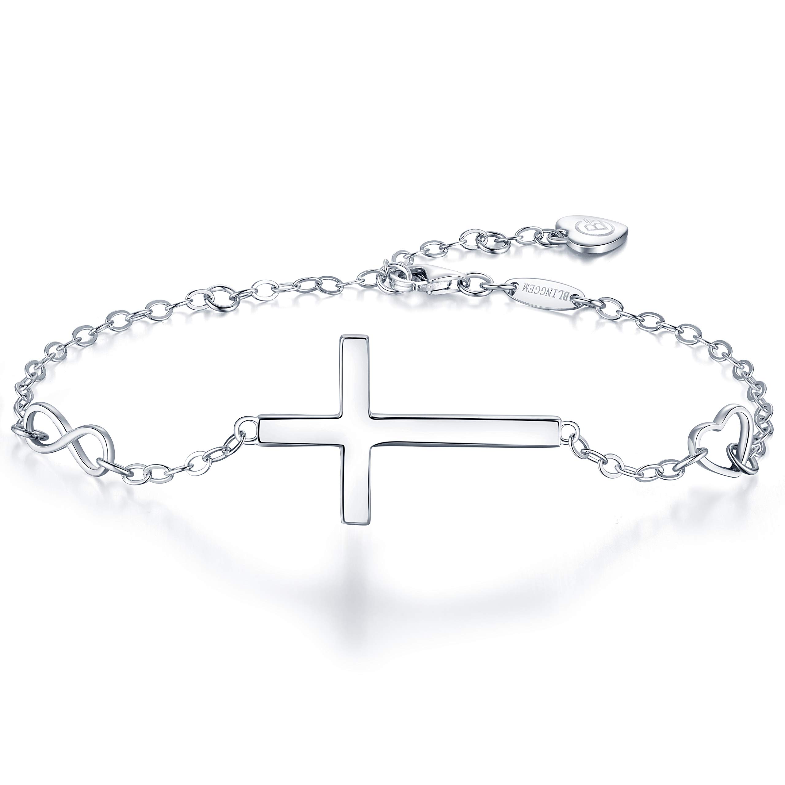 BlingGem Women 18ct White Gold Plated 925 Sterling Silver “In Good Faith” Religious Sideways Cross Bracelet Chain Adjustable