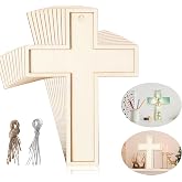 Beeveer 24 Pcs Unfinished Wooden Crosses for Craft Layered Cross Wall Decor | 5x3.62 Inch Unpainted Blank Wood with Hole, Includes Strings, for Sunday School Easter Church DIY Painting Craft Projects