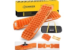 BUNKER INDUST Off-Road Traction Boards with Jack Lift Base,2 Pcs Multifunctional Recovery Track for 4WD UTV SUV Truck-Mud, Snow, Sand Tracks Orange Tire Traction Mat with Carry Bag (Gen 9th)