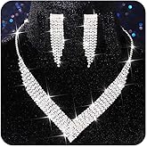 Nicute Rhinestone Necklace Jewelry Set Silver Necklace Earrings Set Crystal Wedding Set for Women