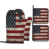 LONSANT Retro American Flag Oven Mitts and Pot Holders Sets of 4 High Heat Resistant Oven Mitts with Oven Gloves and Hot Pads Polyester Potholders for Kitchen Baking Grilling Non-Slip Cooking Mitts