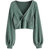 ZAFUL Women's Pullover Ribbed Cropped Knitwear Drawstring Ruched Knitted Crop Top Solid V-Neck Long Sleeve T-Shirt