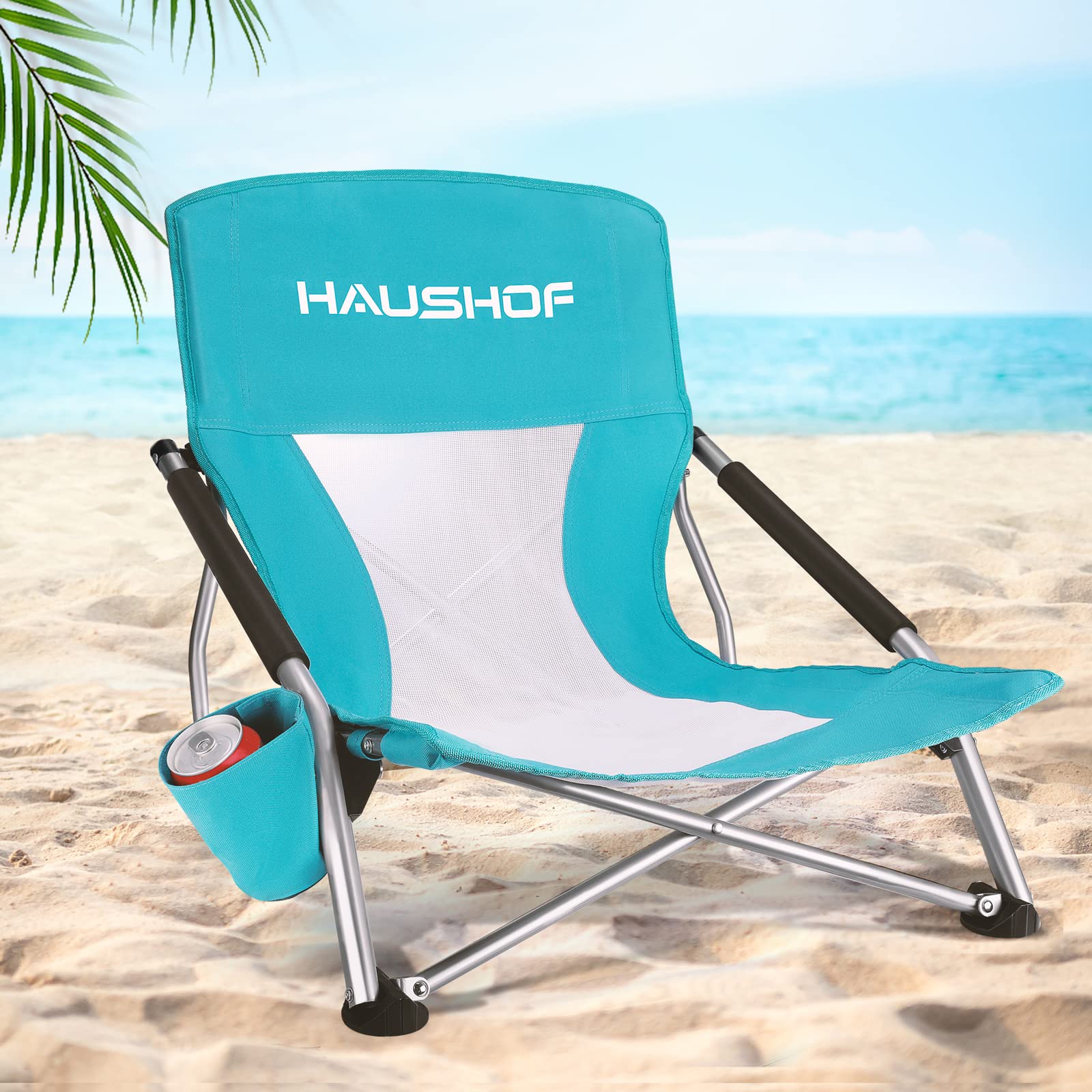 Photo 1 of ***used****HAUSHOF Low Beach Chair, Mesh Back Folding Chair, Lightweight Low Seat Camping Chairs with Cup Holder, Carry Bag, Padded Armrest, for Outdoor Beach Lawn Camping Picnic Festival