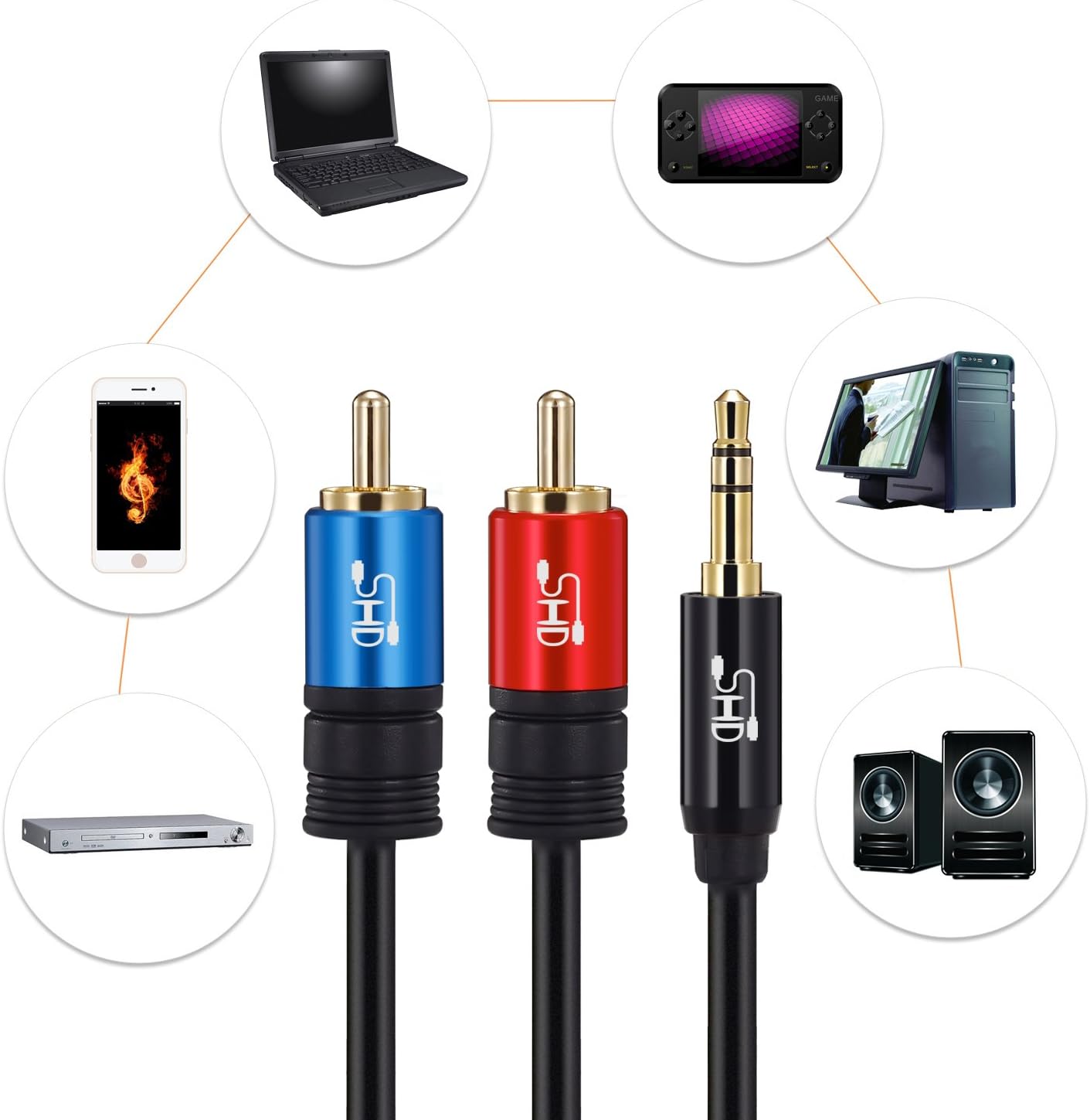 SHD 3.5mm Aux to 2RCA Y Splitter Stereo Audio Cable Male Type OFC Conductor High Flexible PVC Jacket Dual Shielding Gold Plated High End Metal Shell-Black 3Feet/1m: Home Audio & Theater