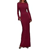 PRETTYGARDEN Women's Fall Fashion 2026 Long Sleeve Maxi Dress Ribbed Knit Boat Neck Bodycon Casual Dresses Going Out Outfits