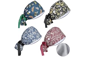 Besforta 4 Pcs Satin Lined Scrub Caps Women Adjustable Nurse Surgical Hat with Buttons Sweatband Ponytail Working Cap