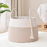 Degeyoyo Large Nursery Hamper, 30L Blanket Basket with Handle, Baby Laundry Basket for Gift, Toy, Clothes, Woven Storage Basket with Wooden Bead Decor, Baby Hamper for Nursery(Brown)