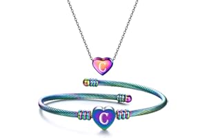 MYNENEY NIBASTAR Heart Name Necklace and Bracelet for Women Stainless Steel A-Z letters Initial Statement Jewelry Set for Mother's Day