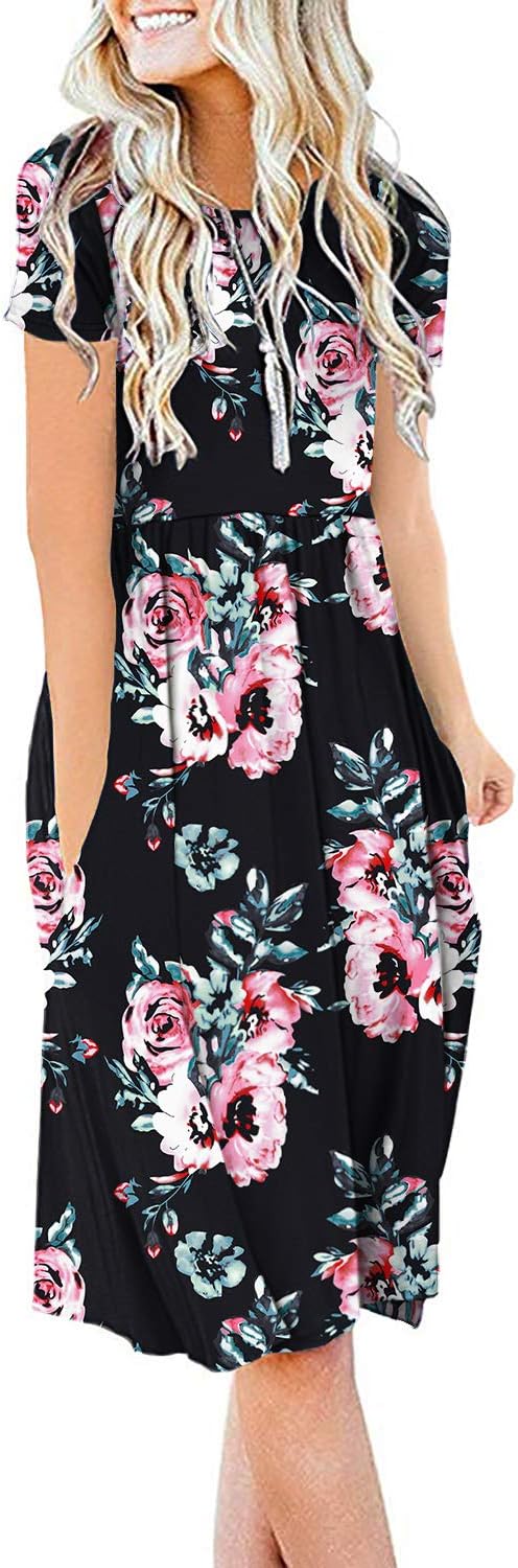Women Summer Casual Short Sleeve Dresses Empire Waist Dress with Pockets