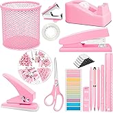 JIZHIYUAN Pink Desk Accessories Set - 16 Pcs Pink Office Supplies with Stapler, Tape Dispenser, Pen Holder, Staple Remover, Hole Punch, Practical Aesthetics Desk Sets for Office, Home, School Women