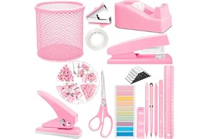 JIZHIYUAN Pink Desk Accessories Set - 16 Pcs Pink Office Supplies with Stapler, Tape Dispenser, Pen Holder, Staple Remover, Hole Punch, Practical Aesthetics Desk Sets for Office, Home, School Women