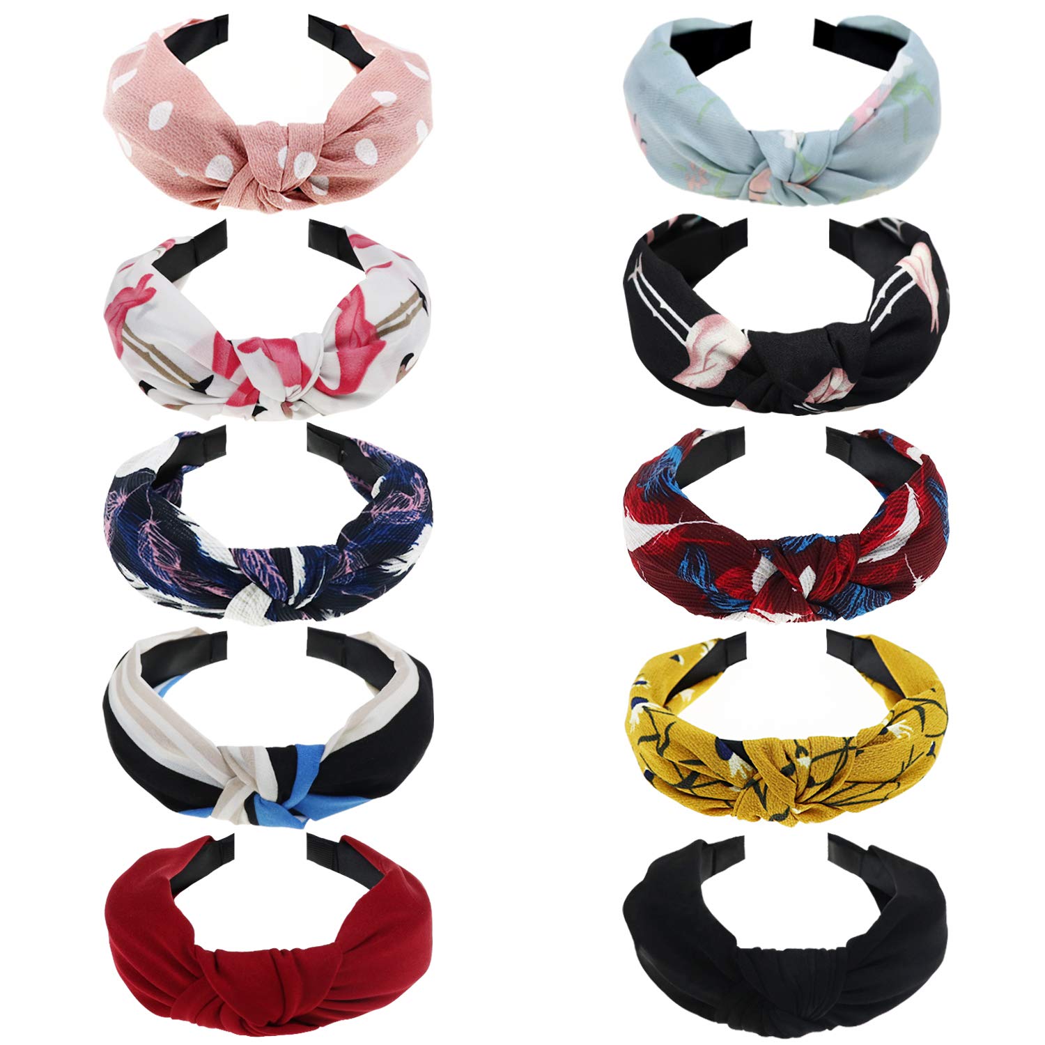 DRESHOW Headbands for Women 10 Packs Mixed Printed Fabric Hair Band Knot Headband Wide Elastic Hairbands Cute Alice Band Hair Accessories