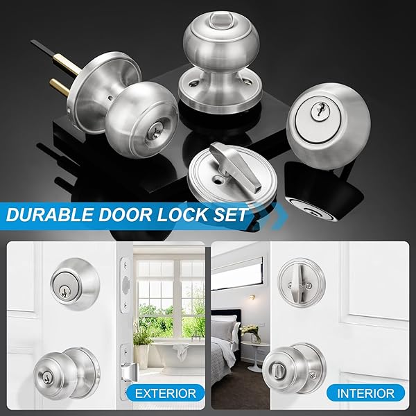 PLUSTOOL 4 PACK EXTERIOR DOOR LOCK SET, SATIN NICKEL DOOR KNOB AND DEADBOLT COMBO SET, KEYED ALIKE ENTRY DOOR KNOBS WITH LOCK&KEYS, ROUND BALL DOOR LOCKSETS WITH DEADBOLT FOR ENTRANCE AND FRONT DOOR