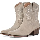 IUV Cowboy Boots for Women Ankle Cowgirl Boots with Embroidered Rhinestone Decor Chunky Heel Snip Toe Classic Western Wide Booties