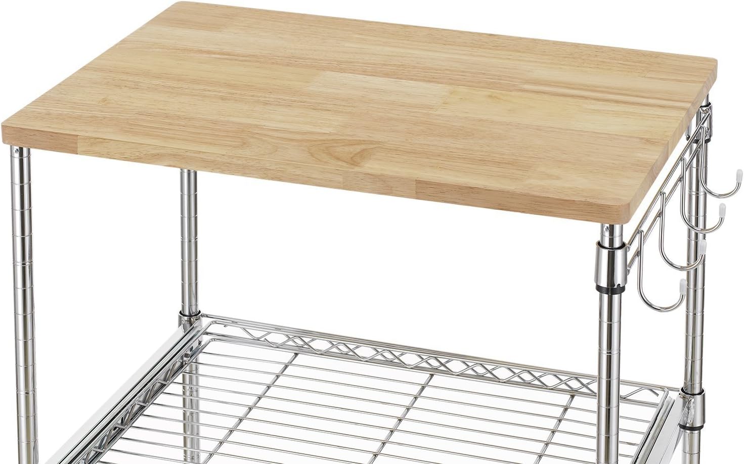 Finnhomy 3-Tier Wire Rolling Kitchen Cart, Food Service Cart, Microwave Stand, Oak Cutting Board and Chrome - Kitchen Islands & Carts