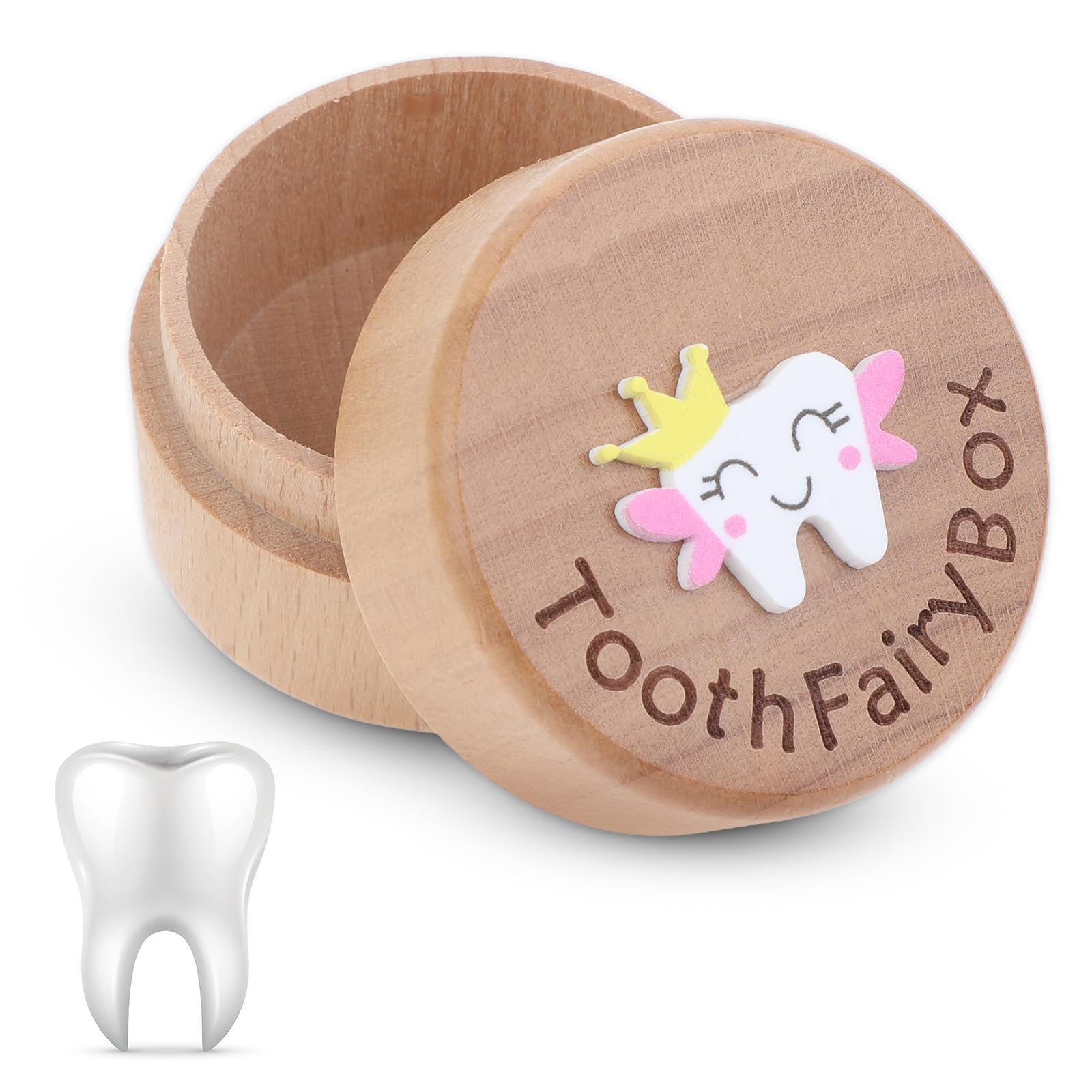 Aeaocvo Tooth Keepsake Box Lost Teeth Holder Wooden Tooth Fairy Box with 3D Carved Tooth, Souvenir Dropped Tooth for First Lost Teeth or Kids Boys and Girls Baby Shower