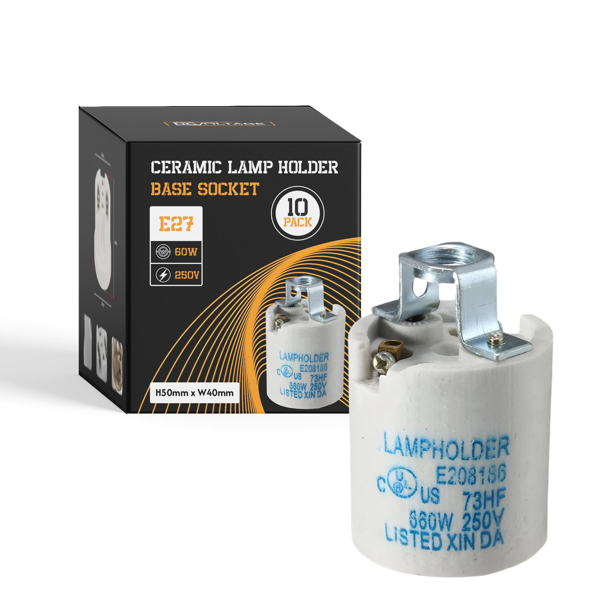 Ceramic Porcelain E27 Lamp Holder 50mm(H) × 40mm(W) × 35mm(L) Edison Screw Light Bulb Socket, Heat Resistant LampHolder for DIY Pendant Ceiling Lighting, 240V UK