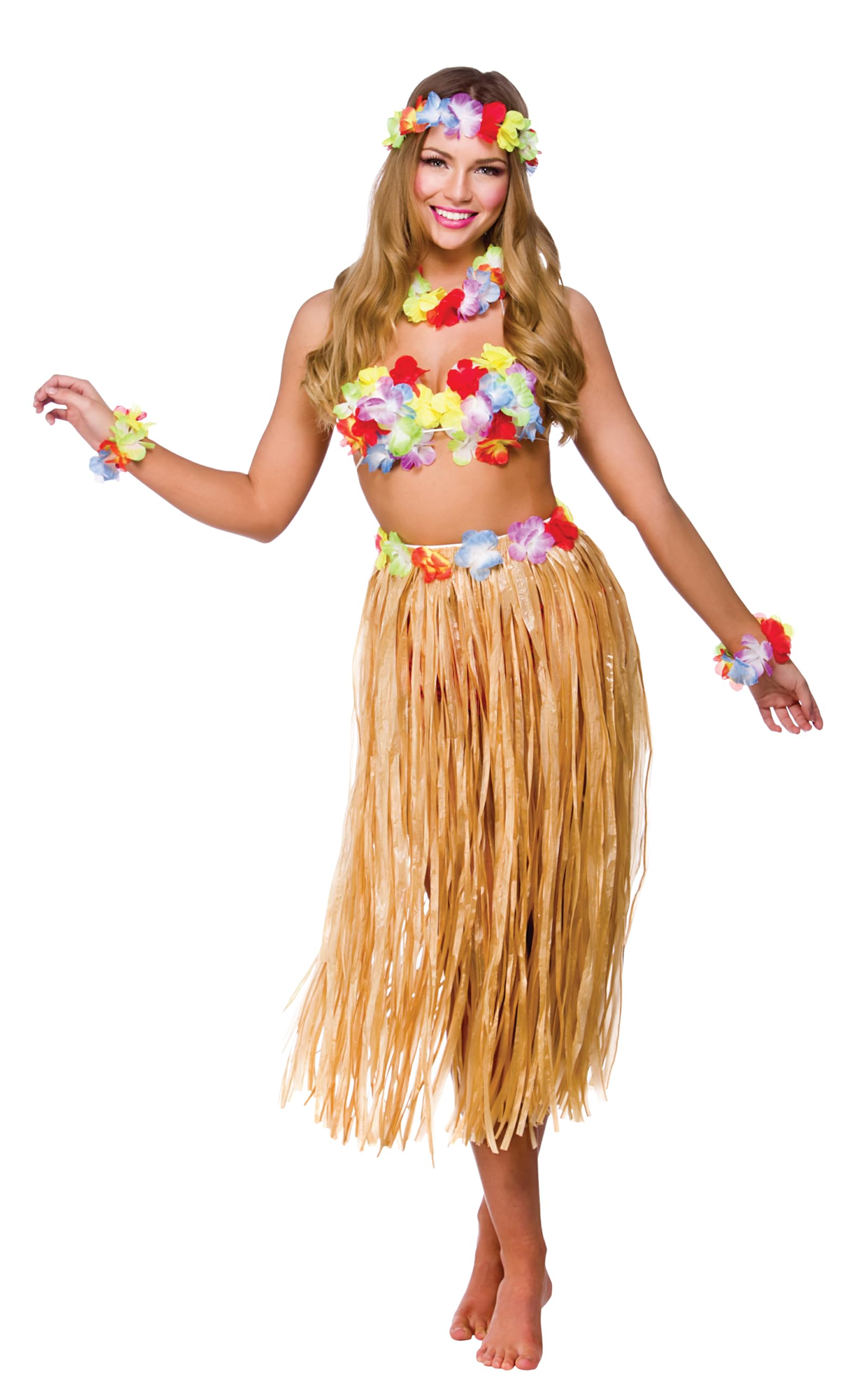 Wicked Costumes Adult Hawaiian Hula Set – 5 Piece Tropical Party Girl Fancy Dress Outfit with Flower Bra, Grass Skirt Lei, Headband and Bracelets (One Size)
