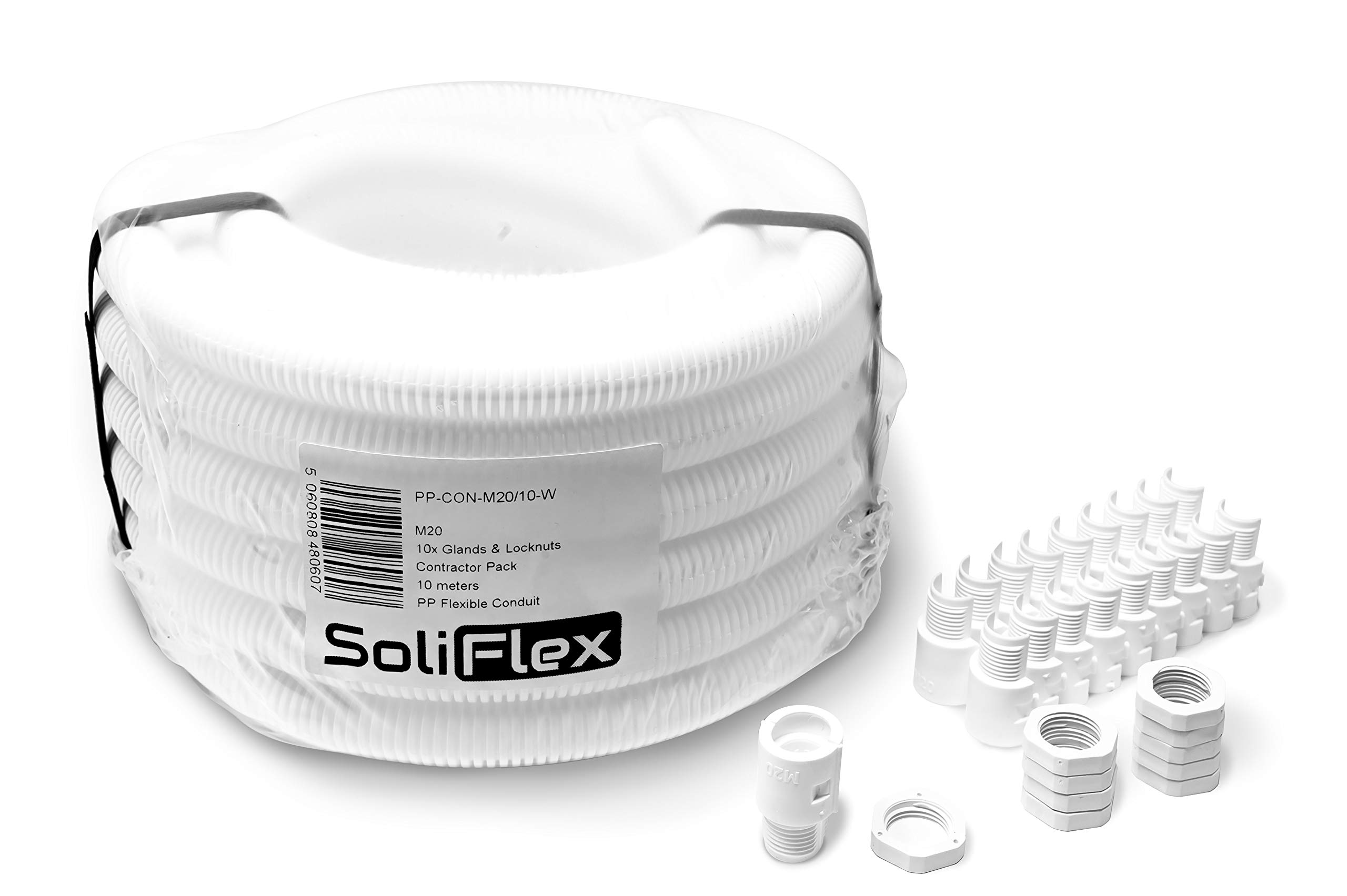 SoliFlex Flexible Conduit Outdoor Cable Contractor Pack IP40-10M Coil - Underground Burial, External Trunking, Electrical Ducting, Hose Pipe Wire Protection. w/Fittings - 10 Glands and Locknuts