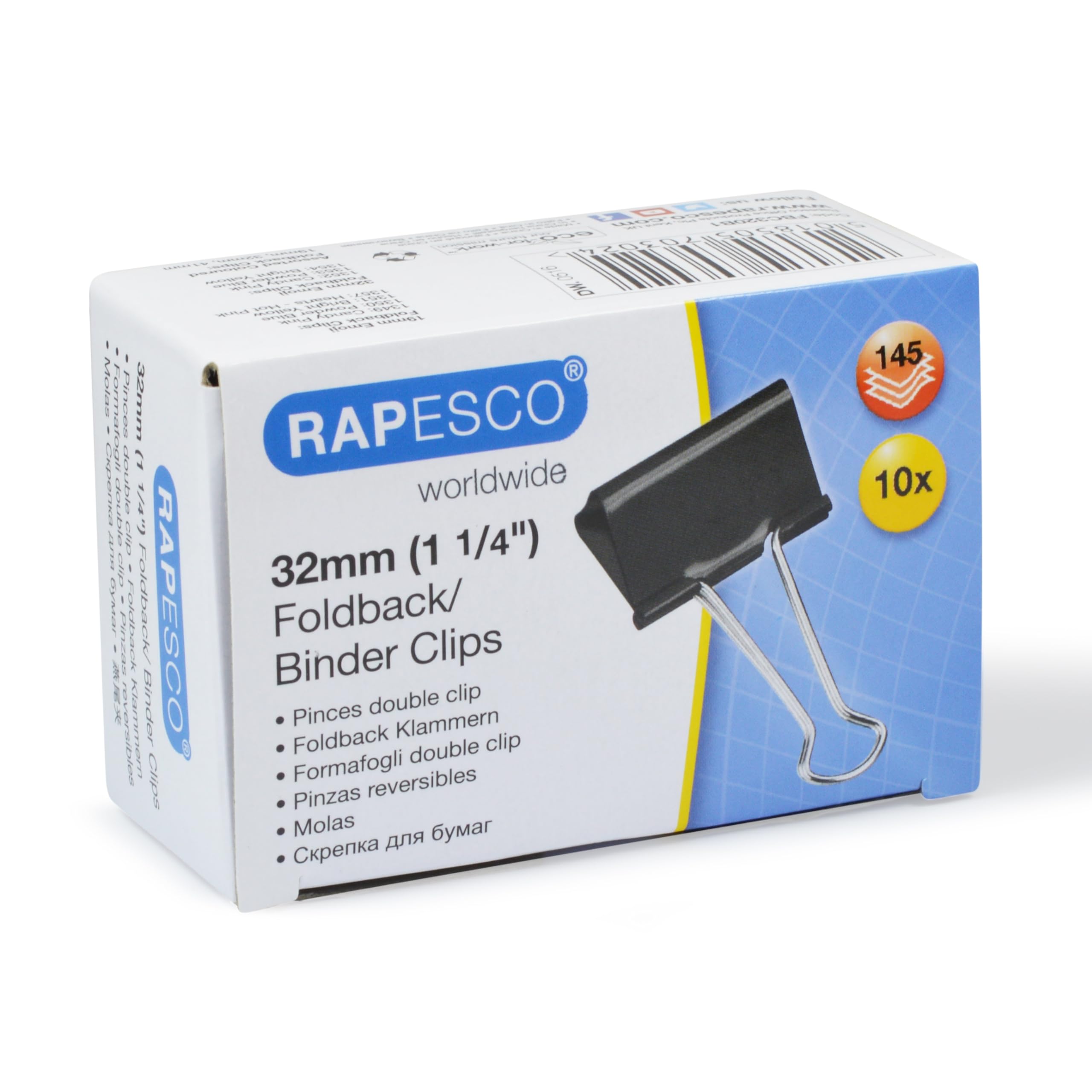 Rapesco FBC320B1 32 mm Foldback Clips, Black, Pack of 10