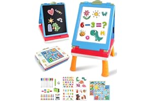 Elovien Easel for Kids, 4 in 1 Double Sided Toddler Art Easel with Chalkboard & Magnetic Whiteboard, Foldable Kids Tabletop Easel with Drawing & Writing Accessories - Gift for Boys and Girls (Blue)