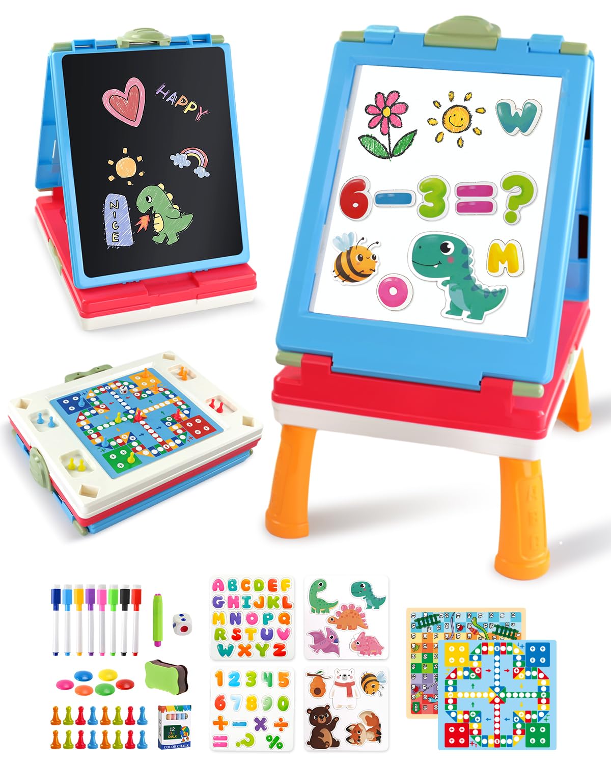 Photo 1 of Elovien Easel for Kids, 4 in 1 Double Sided Toddler Art Easel with Chalkboard & Magnetic Whiteboard, Foldable Kids Tabletop Easel with Drawing & Writing Accessories - Gift for Boys and Girls (Blue)