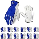 VZT 12 Pairs Bulk Leather Work Gloves for Men or Women for Construction, Wood cutting, Driving, Water Resistant, Keep warm, Soft, Cowhide, Class 4 Abrasion Resistant, Blue-White, L