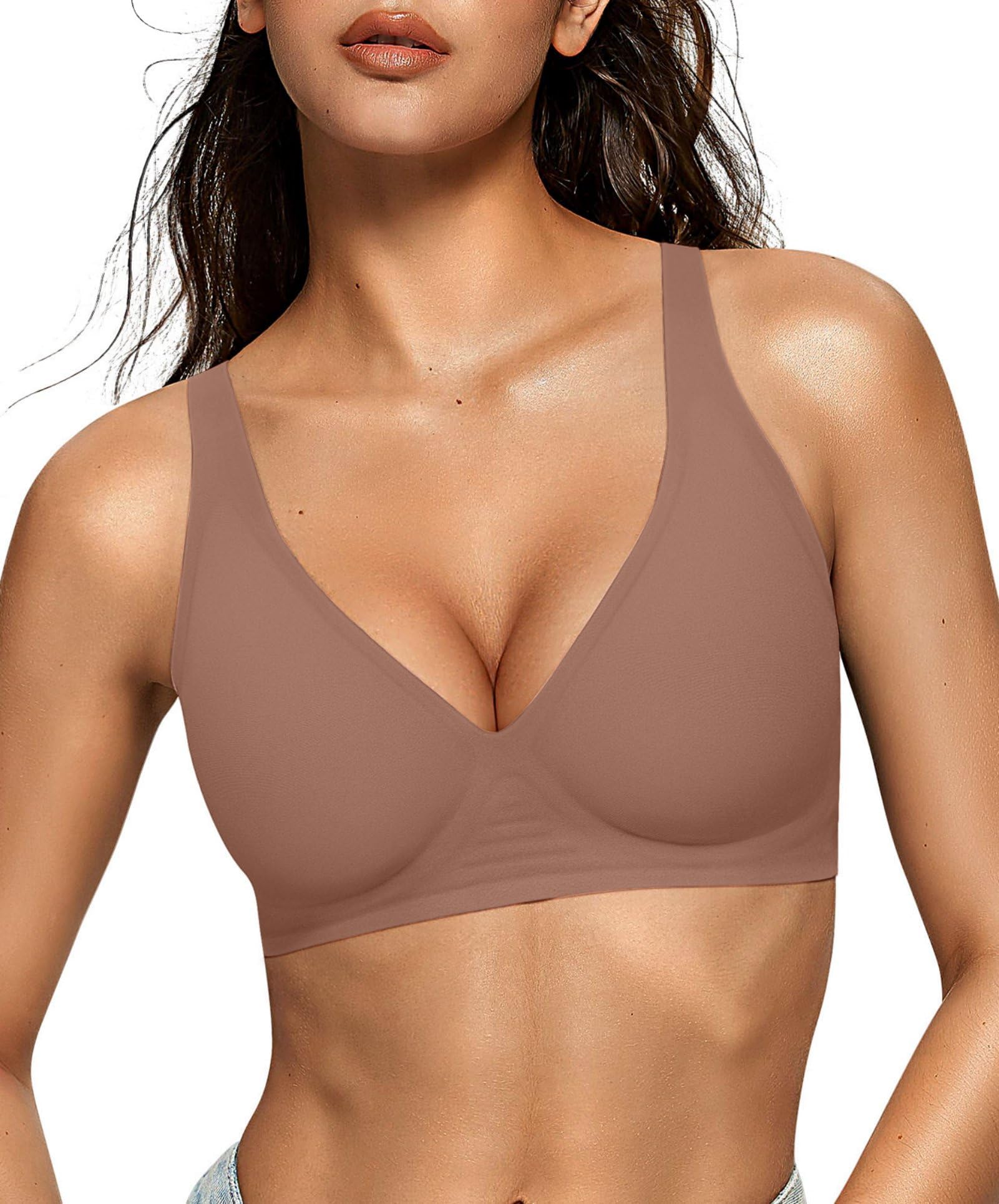 Photo 1 of OEAK Womens Deep V Bras Wireless Comfortable Bra Supportive No Underwire Bras Tshirt Push Up Bralettes Plunge Seamless Bra Coffee X-Large