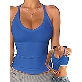 Danysu V Neck Cotton Tank Tops with Built-in Shelf Bra Sleeveless Racerback Fitted Basic Cami Shirts
