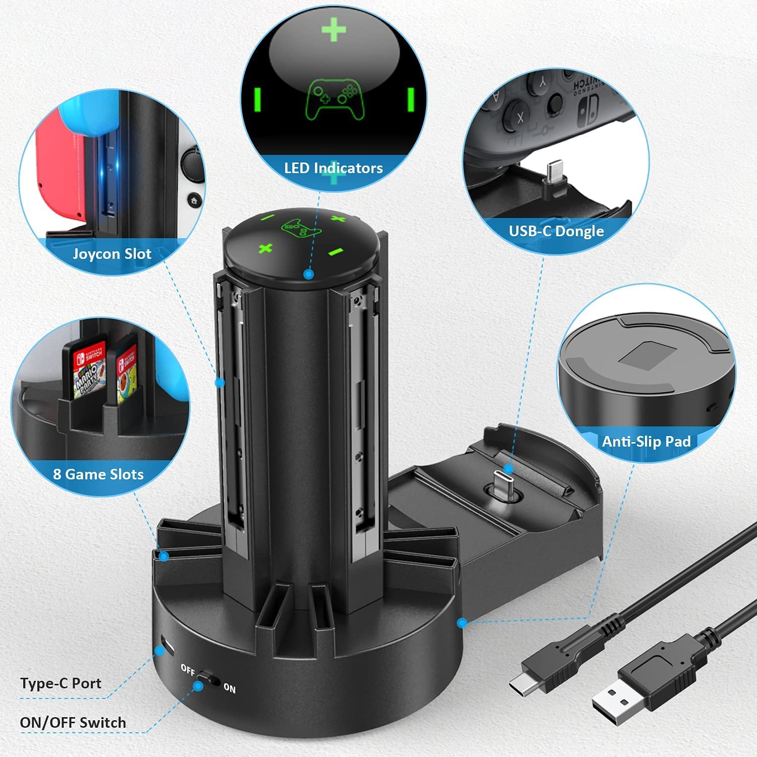 OIVO Switch Controller Charger Docking Station for Nintendo Switch/OLED Joycons/NES/ N64/ Supper Nintendo and Pro Controller, Switch Remote Charging Dock with 8 Game Slots for Joy-Con Controllers